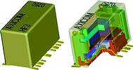 Figure 1: RF relay design principle. The HF3 50 &Omega; relay has dimensions of 14,7 x 7,3 x 10 mm. The high frequency part is based on coplanar line design (see cut-through on RHS)
